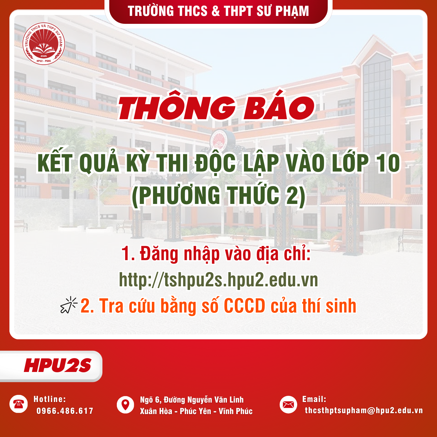 Thông báo kết quả thi tuyển, điểm chuẩn, hướng dẫn nhập học và phúc khảo bài thi tuyển sinh vào lớp 10 năm học 2025-2026